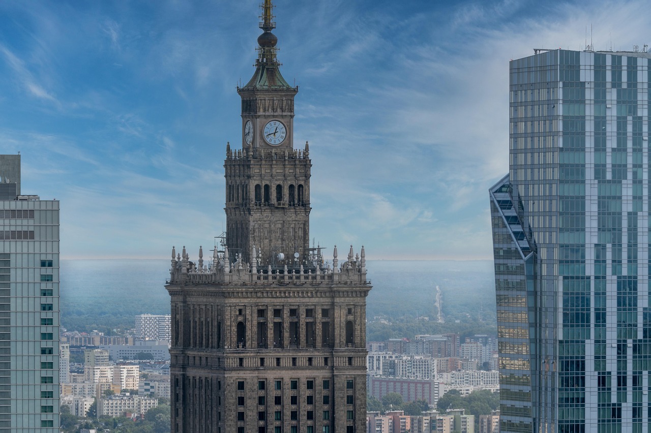 city, architecture, buildings, skyscrapers, offices, towers, nature, sky, clouds, warsaw, pkin, poland