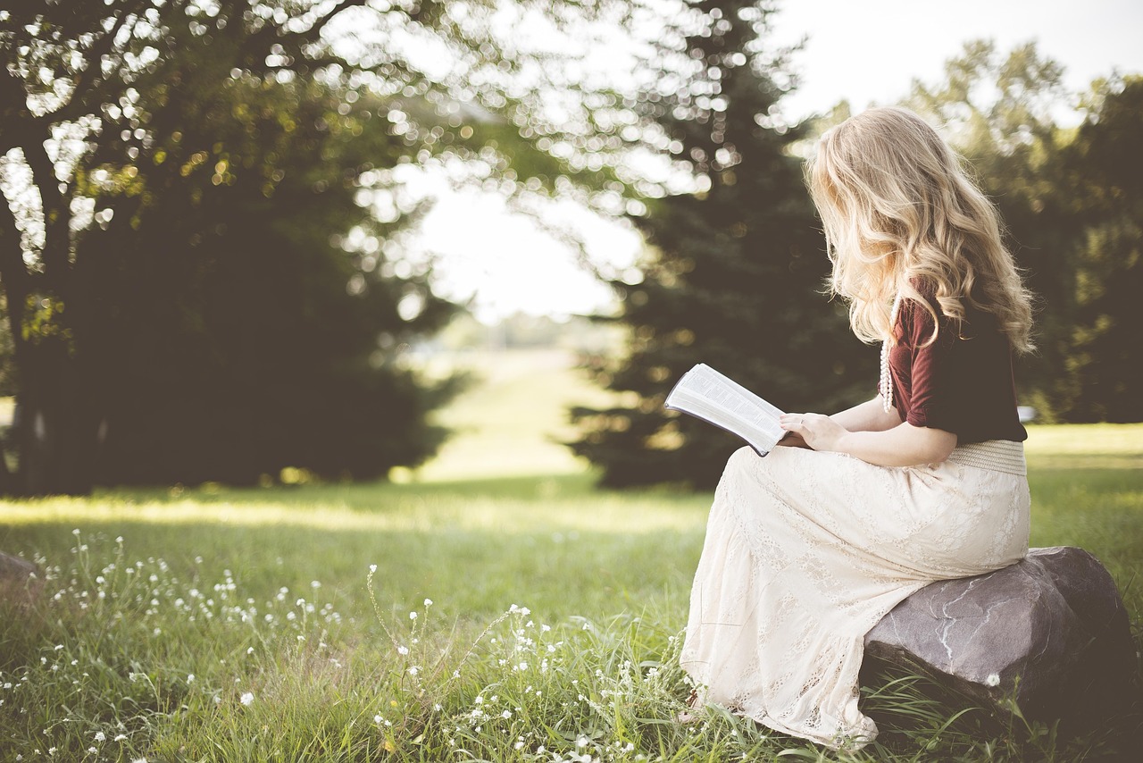 blonde, girl, book, reading, sit, sitting, nature, young woman, reading a book, reading girl, grass, outdoors, woman